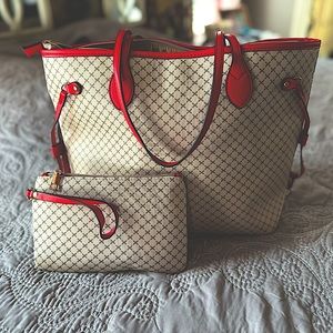 AR New York Leather 2-IN-1 Handbag & Wrist Wallet Beige/Red